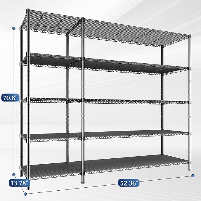 52.36" W Storage Shelves Metal Shelving Unit Load 1400LBS 5 Tier Wire Rack for Storage Adjustable Garage Shelving Heavy Duty Shelves for Pantry Kitchen Garage, 52.36W x13.78Dx70.8H