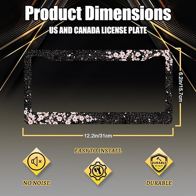 Bling Cherry Blossom License Plate Frame Pink Floral License Plate Stainless Steel Auto Parts Colorful License Plate Holder for Women Decoration with Screws License Plate Holder 12"x6"