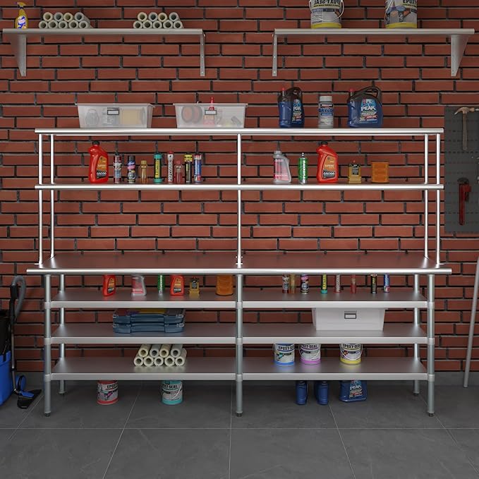 Amgood 18" x 96" Stainless Steel Work Table with 3 Shelves and 12" Wide Double Tier Overshelf | Metal Kitchen Prep Table & Shelving Combo | NSF