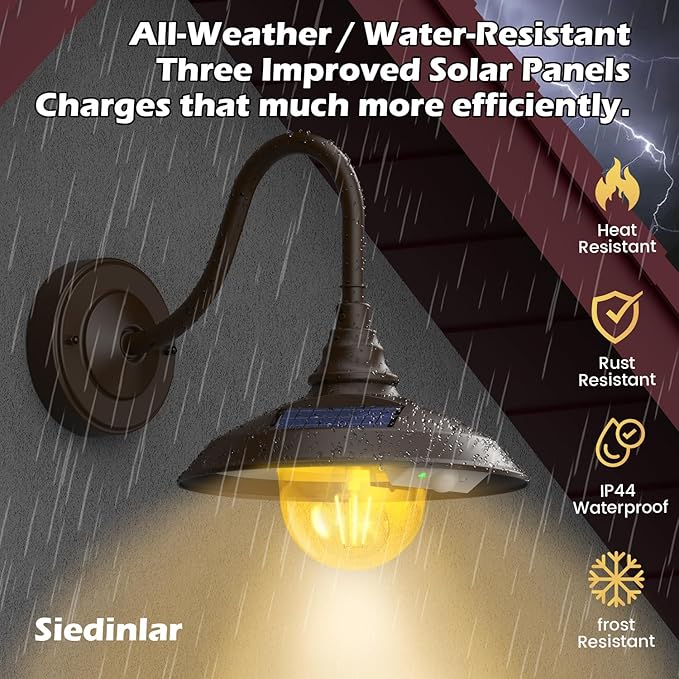 SIEDiNLAR Solar Barn Light Outdoor 3 Modes 2 Lighting, Aluminum Gooseneck Wall Light Vintage Farmhouse Waterproof with Remote & Motion Sensor for Barn Garage Shed Chicken Coop Dark Bronze (1 Pack)