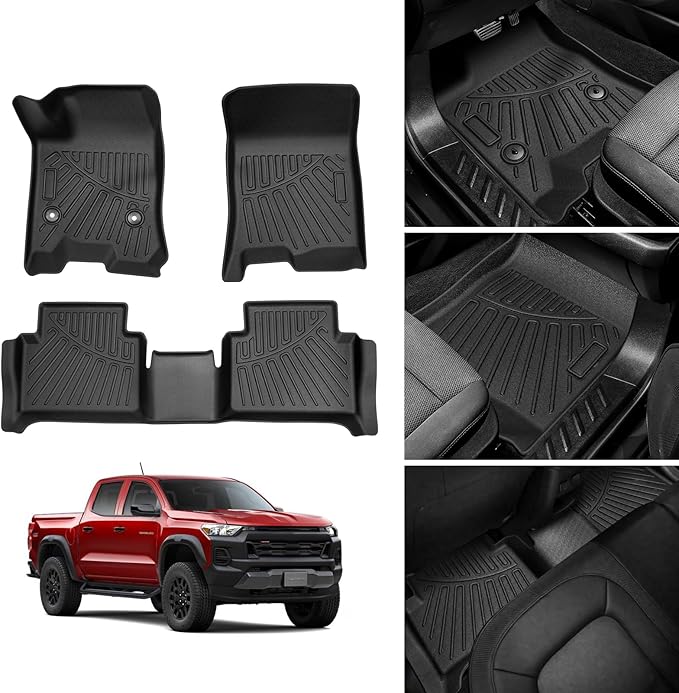 Powerty Floor Mats for 2023-2025 Chevy Colorado/GMC Canyon Accessories, All Weather Car Liners TPE Truck Mats, 1st & 2nd Row Black