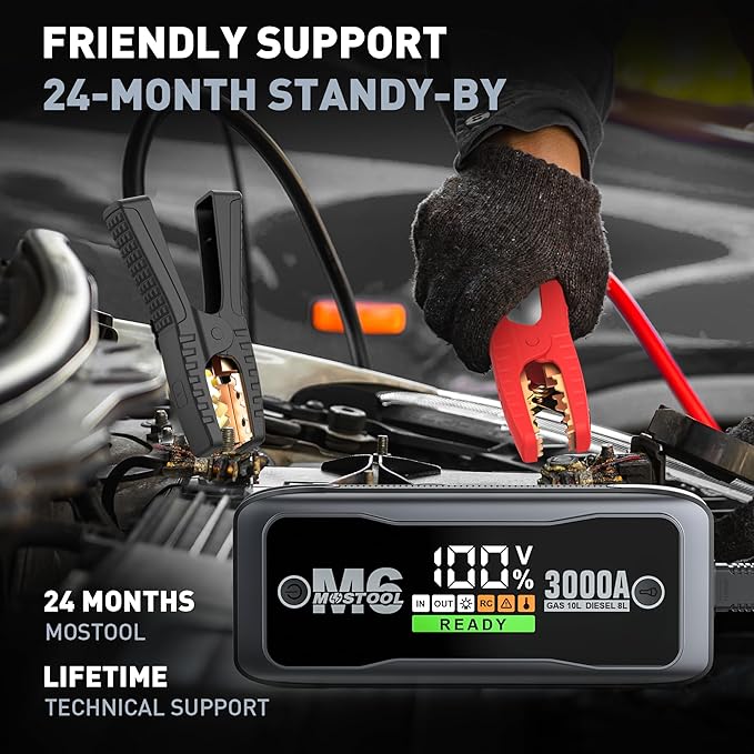 MOSTOOL M6 Car Jump Starter, 3000A Peak 12V Battery Jump Starter Power Pack with LED Display, Compact Portable Jumper Starter Jump Box for Car Battery, for All Gas Engines and Up to 8.0L Diesel