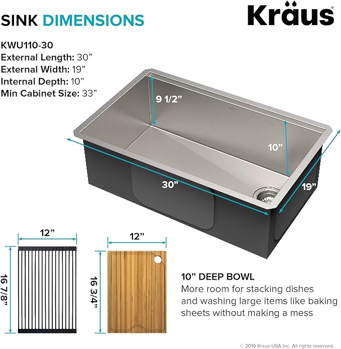 KRAUS Kore Workstation 30-inch Undermount 16 Gauge Stainless Kitchen Sink, Single Bowl Kitchen Sink with 1 HP Garbage Disposal,KWU110-30-100-100MB