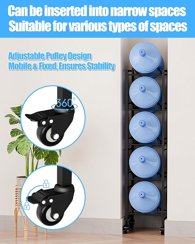 5 Gallon Water Jug Holder, Movable 5 Tier Heavy Duty Water Rack with 4 Wheels, Rack for Water Jug Storage, Space Saving Water Stand for Five 5 Gallon Water Jugs, Black
