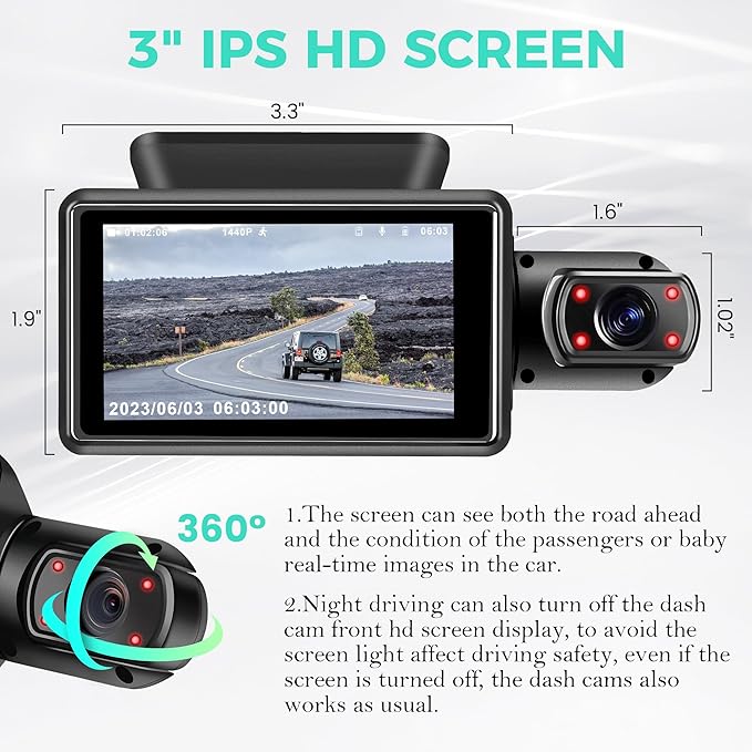 Dual Dash Camera for Cars, Dash Cam Front and Inside, 1440P Dashcam Front + 720P Inside Car Camera, 3'' Car Monitor with 32G SD Card, Night Vision G-Sensor Loop Recording Essential Car Accessories