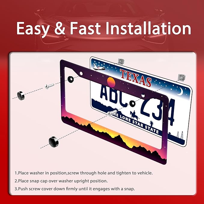 Mountain Sunset License Plate Frame Funny Mountains License Plate Frames Stainless Steel Accessories Cars Decor with 2 Holes and Screws Fits Standard Us Ca Vehicles License Plate Holder 12.2 X 6 Inch