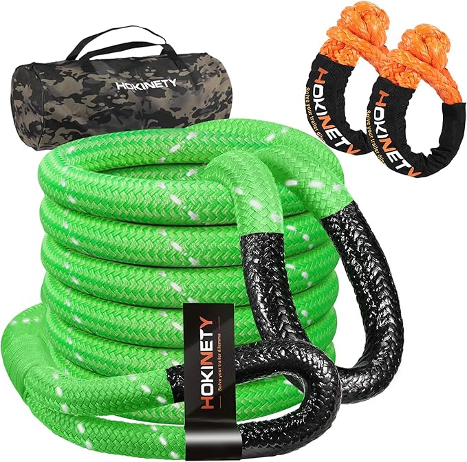 Kinetic Recovery Tow Rope: 1.26" x 20ft 55000LBS Reflective Snatch Strap with Soft Shackles Heavy Duty Offroad Towing Straps Kit for Trucks SUV UTV ATV Tractor Car Jeep - Neon Green