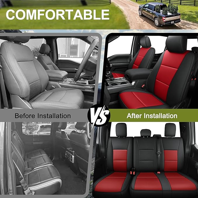 AOMSAZTO Seat Covers for Ford F150 XL XLT: 2015-2024 SuperCrew & F250 F350 F450 2017-2024 Super Duty Crew Cab XL XLT Faux Leather Full Set Seat Cover (Black + Red, Full Set)