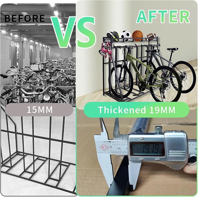 4 Bike Stand Rack with Storage – Bike Rack Floor Stand- Garage Organizer - 2024 Upgrade Tube Diameter 19mm with 8 Sponge Columns - Indoor Bike Storage for Parking Road, Mountain, Hybrid or Kids Bikes