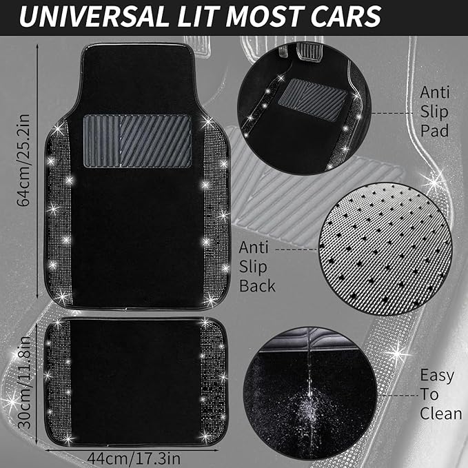 NBTEPEM Black Bling Car Floor Mats Full Set, Universal Fit Most Cars,SUV, Trucks, 4 pcs Sparkle Glitter Diamond Carpet for Women Girls with Anti-Slip Pad (Black Diamond)