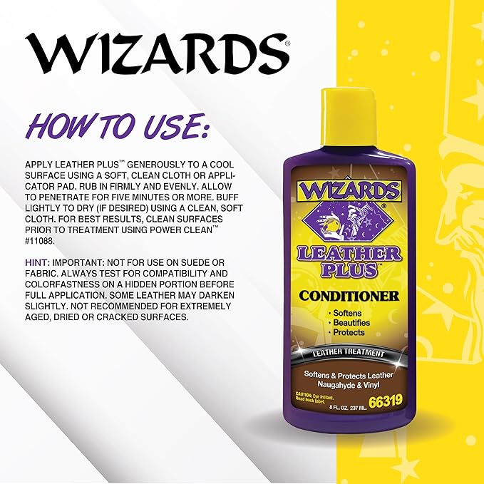 Wizards Leather Plus Leather Conditioner - Moisturizing Car Leather Seat Cleaner and Conditioner - Cleans, Conditions and Protects Leather, Naugahyde and Vinyl Car Accessories - 8 oz - Made in USA