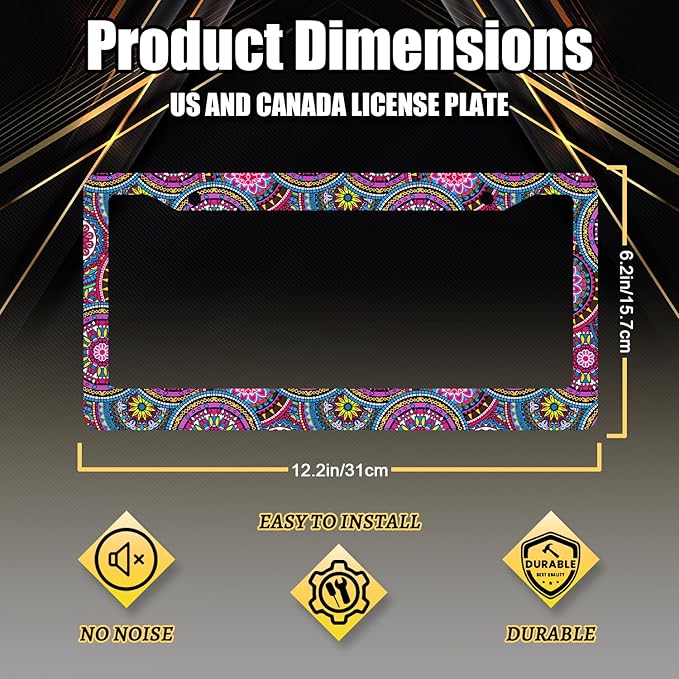 Purple Mandala License Plate Frame Hippie Boho License Plate Holder Stainless Steel Front and Rear Car Tags Auto Parts Funny License Plate Decoration with Screws for Men Women s 12.2"x 6.2"