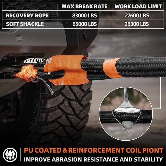 ALL-TOP Kinetic Recovery Rope Kit w/ 2 Soft Shackles, 83000Lbs, 1.5in x 30ft, Heavy Duty 30+% Elasticity, 27600Lbs Work Load Limit for 4x4 Offroad Vehicle(Black)