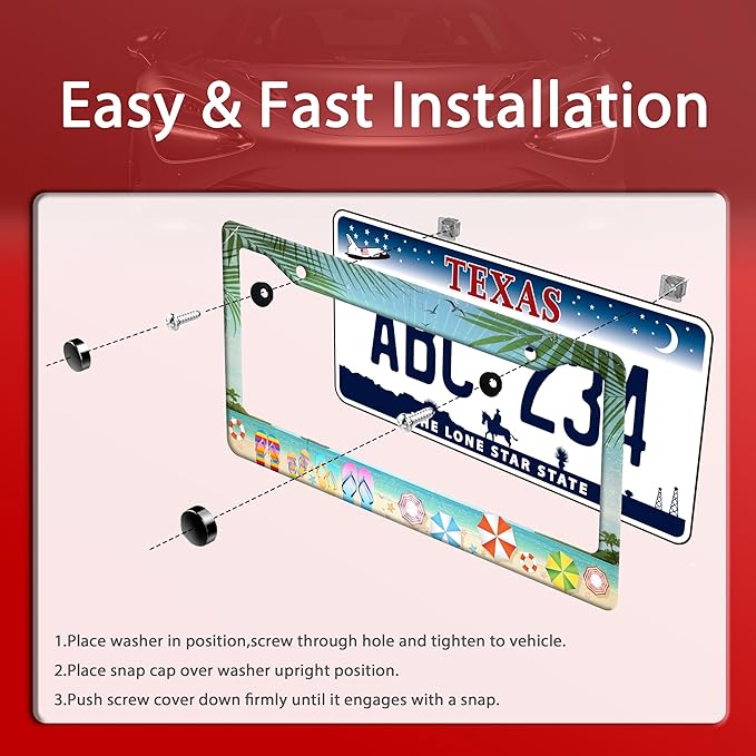 Beach Flip Flops License Plate Frame Funny Seaside License Plate Frames Stainless Steel Accessories Cars Decor with 2 Holes and Screws Fits Standard Us Ca Vehicles License Plate Holder 12.2 X 6 Inch
