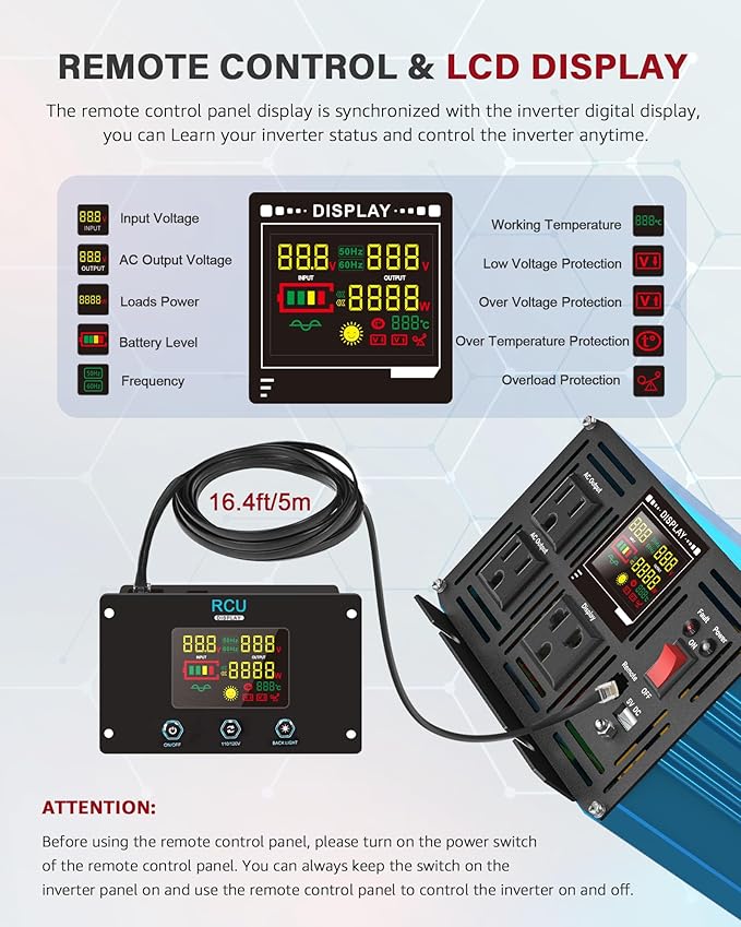 2000 Watt Inverter Pure Sine Wave DC 12V to 110V AC Power Inverters with 3 AC Charger Outlets, Car Inverter Solar Power Inverters for Vehicles Home with LCD Display and 2.4A USB Charging Ports