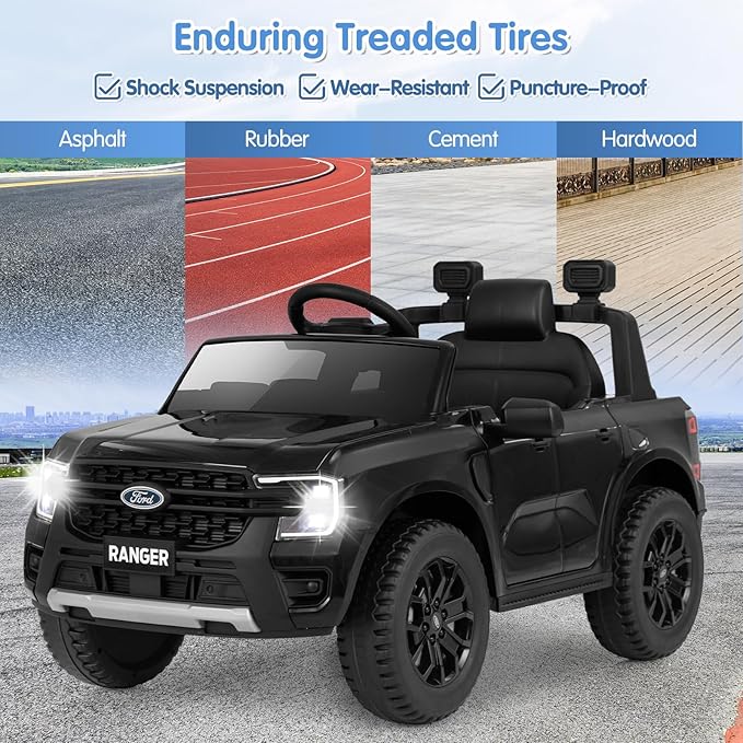 HONEY JOY Ride On Car, 12V Licensed Ford Ranger Electric Vehicle for Kids, Spring Suspension, Music & 3 Speeds, Horn, LED Lights, Battery Powered Ride On Toy with Remote Control(Black)