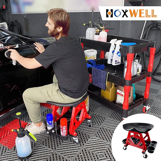 Durable Mechanic Seat with Wheels - Heavy Duty Rolling Stool Car Detailing Creeper Seat with Tool Tray for Workshop, Auto Repair Shop and Home