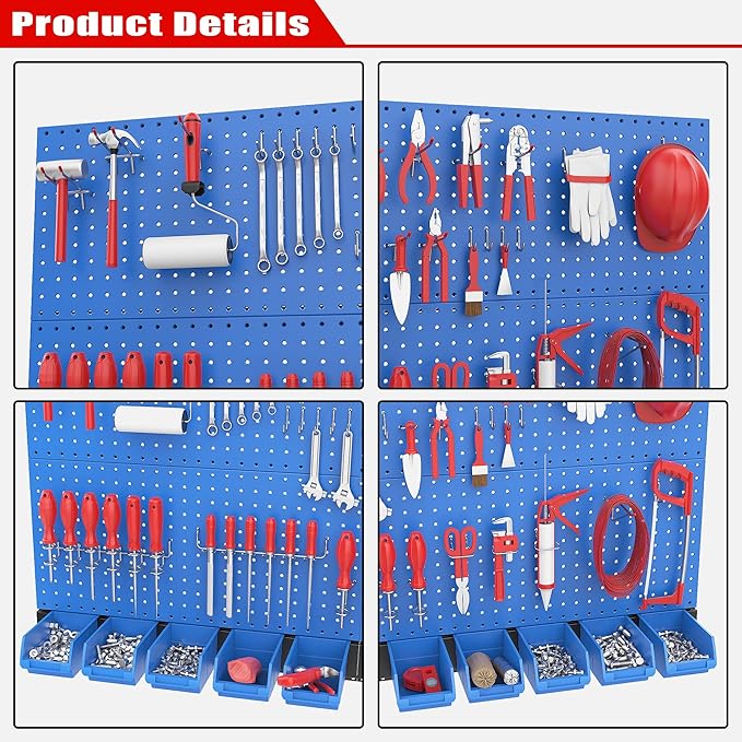 Ultrawall Pegboard Wall Organizer, Blue Metal Peg Board Panels, Garage Storage System with Hooks and Storage Bins, 59pcs