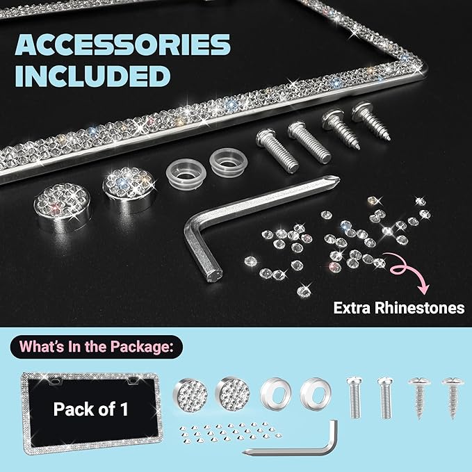 Dazzling Bling License Plate Frame for Women - 1 Pack, 800 Premium Rhinestones, Rust-Free Stainless Steel, Street Legal Slim Design, Sparkly Diamond Car Tag Holder with Glitter Crystal Screw Covers