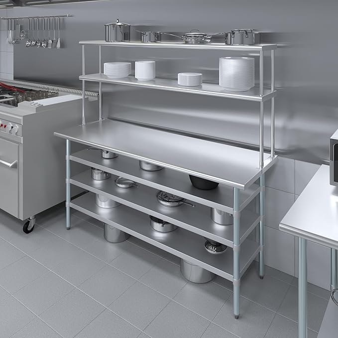Amgood 24" x 72" Stainless Steel Work Table with 3 Shelves and 12" Wide Double Tier Overshelf | Metal Kitchen Prep Table & Shelving Combo | NSF