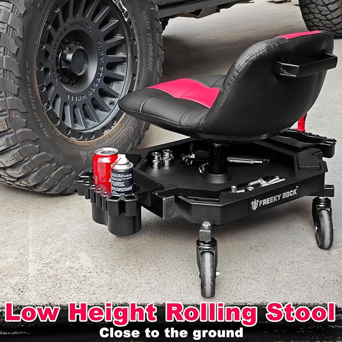 Rolling Stool with Wheels, Adjustable Height Pneumatic Garage Work Mechanic Stool Seat with Backrest, 400 LBS Capacity 360° Swivel Mechanic Crepper Chair with Tool Tray Storage, Pink
