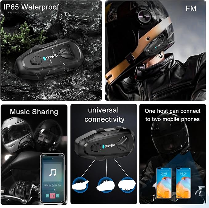 Q4 Motorcycle Bluetooth Communication System Headset Intercom, 4 Riders 1500m Music Sharing, FM, Noise Cancellation, IP65 Waterproof, Dual Pack (Q4)