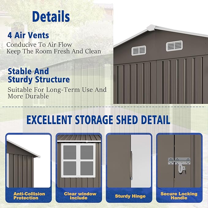 10x8 FT Outdoor Storage Shed,Metal Shed W/Window,Garden Storage Shed W/Lockable Door,All Weather Waterproof Tool House W/ 4 Air Vents & Sloped Roof,for Backyard,Patio,Lawn,Gray
