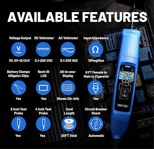 Innova 5420 Power Circuit Tester for Automotive | Fuse, Relay, Battery, and Circuit Diagnostics | Voltage Tester, Multimeter, Relay Tester, Short Circuit Finder, 12V/24V with LCD & Circuit Breaker
