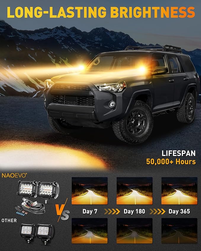 NAOEVO 4 Inch LED Pod Lights, Spot Flood LED Fog/Driving/Off Road Lights with 2 Leads Wiring Harness, Cube Pods for Truck Boat ATV UTV, 2 Pcs (White/Amber/White&Amber)