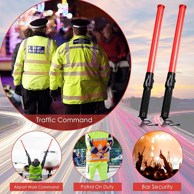 Weewooday 24 Pieces 21 Inch Signal Traffic Wand Safety Traffic Control Wand Safety Baton with 2 Flashing Modes LED Light, Wrist Strap Lanyard and Side Clip Design for Parking Guides, Red, 24 pcs