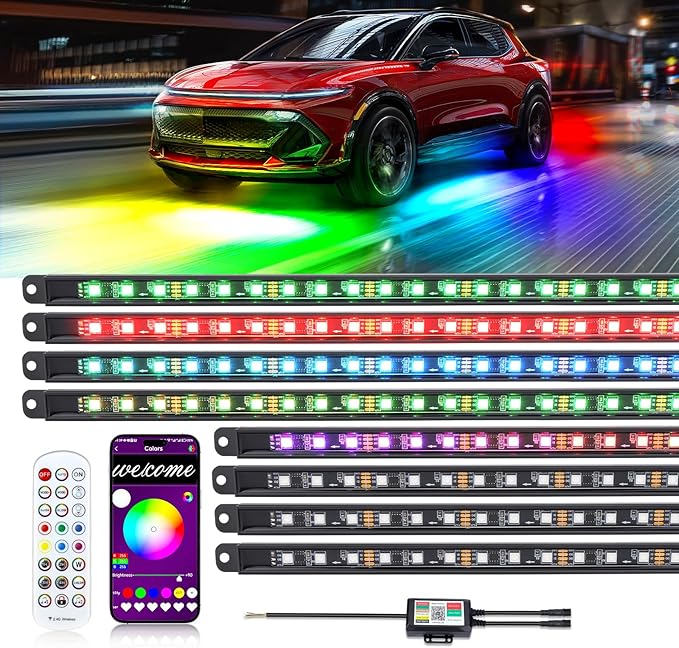 8PCS Car Underglow Light Bar Kit - Wireless App & Remote Control Dreamcolor Chasing Lights, Aluminum Exterior Underbody Multicolor Soundsync Neon Light Strip for Car Truck RV