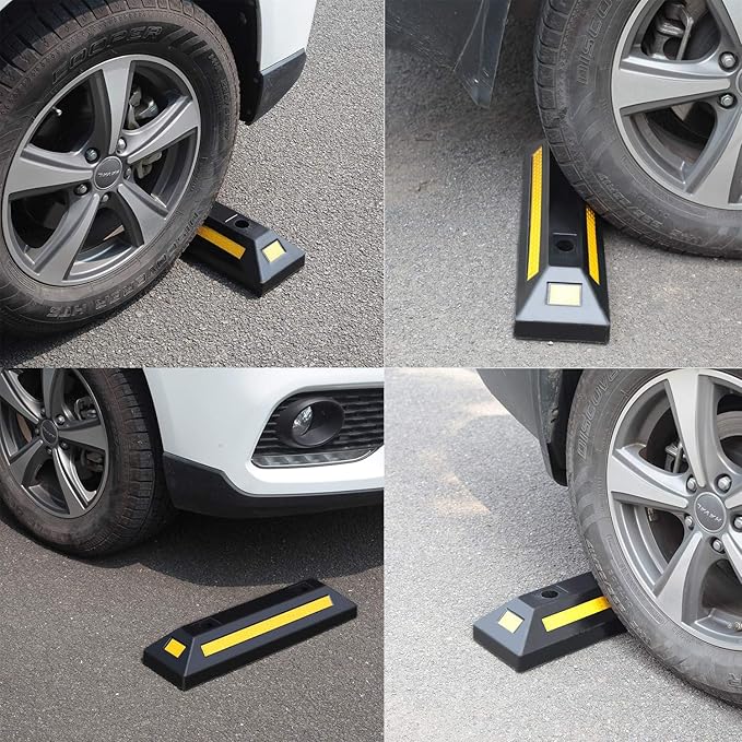2 Pack Rubber Parking Guide Blocks Heavy Duty Wheel Stop Stoppers for Car Garage Parks Professional Grade Parking Rubber Curb w/Yellow Refective Stripes for Truck RV Trailer 21.25"(L)x5.7"(W)x3.54"(H)