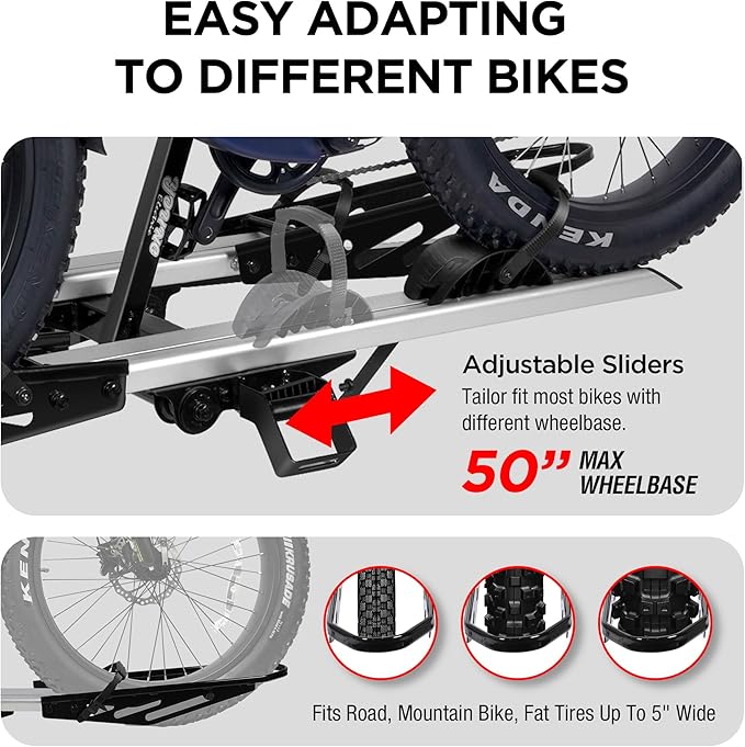 Rockland Foldable 2-Ebike Rack, 200 lbs Capacity, Hitch Mount Electric Bike Rack, Fits up to 5" Fat Tire Width and 50" Wheelbase, Ebike Carrier Rack for 2" Receiver for Cars SUVs Vans RVs