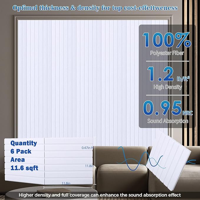 6 Pack Large Fold Soundproof Wall Panels, 24 x 12 x 0.47 in Sound Proof Foam Panels for Walls, 1.2lb/ft³ High Density, Thicker 0.47in, Acoustic Panels, Sound Dampening Panels White