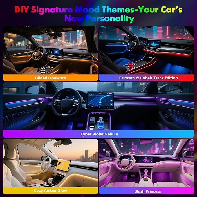 New Version Dreamcolor Acrylic Interior Car Lights 6 in 1 RGB LED Strip Lights with APP Control Zoned Control System 252 Color Modes DIY Fiber Optic Ambient Lighting Kits Music Car Neon Lights