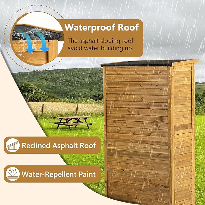 63 "H x 34.25 "L x 18.5 "W Vertical Garden Shed for Patio,Outdoor Wooden Storage Cabinet with Waterproof Roof, 2 Removable Shelves, and Adjustable Feet, Yard, and Garage,Natural Wood