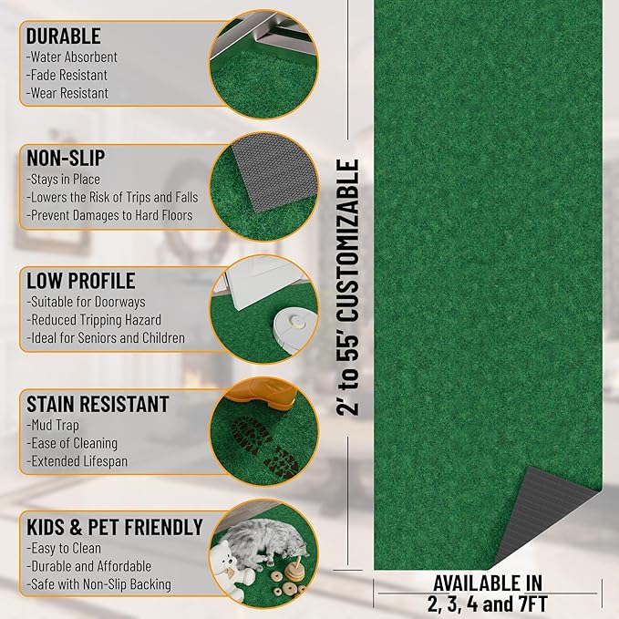 Ottomanson 6'6" x 2' Hallway Runner with Scraper Pile - Extra Durable Non-Slip Rug Mat for Indoor & Outdoor Use - Ideal for Kitchen, Entryway & Garage - High-Traffic Carpet, Green