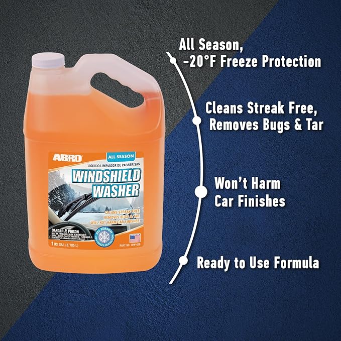 ABRO Car Windshield Washer Fluid: 1 Gallon, All Season/Weather Vehicle Window Cleaner | Streak-Free Clean | Bug and Tar Remover for Cars