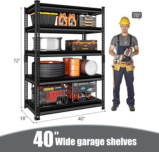 5-Tier Garage Shelving Heavy Duty, 72" Metal Shelving Unit - 2250 lbs Load Capacity, 40"W x 18"D x 72"H (Black)