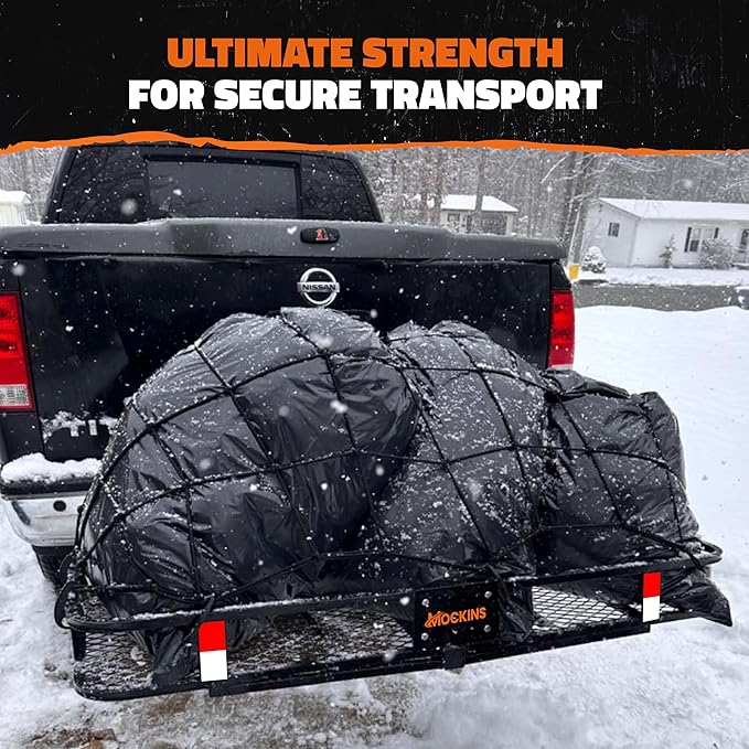 Mockins 60"x24"x6" Weatherproof Trailer Hitch Cargo Carrier & 25 Cu.Ft. Waterproof Cargo Bag | 500 Lbs. Capacity Folding Luggage Rack for Car Hitch w/All-Weather Truck Bed Storage Bag & Accessories