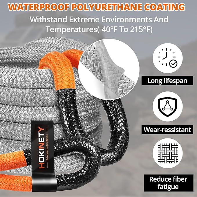 Kinetic Recovery Tow Rope 1-1/8" x30ft Offroad Snatch Strap 48000lbs Heavy Duty Towing Straps Kit for Trucks SUV UTV ATV Tractor Car Jeep - Gray