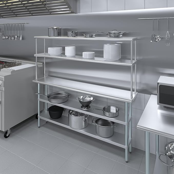 Amgood Stainless Steel Work Table with 2 Shelves & Overshelf | Metal Kitchen Prep & Shelving Combo (14" x 72" Table + 12" Overshelf)