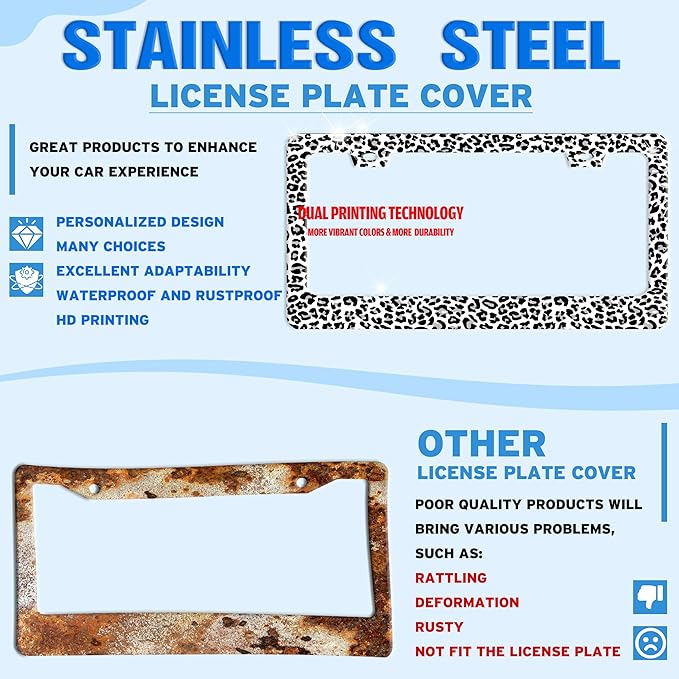 Leopard Print License Plate Frame Skin Texture Pattern Stainless Steel License Plate Holder for Front or Rear Car Tags Funny for Car Decoration Accessories with Screws 6.3 X 12.2 in for Women Men