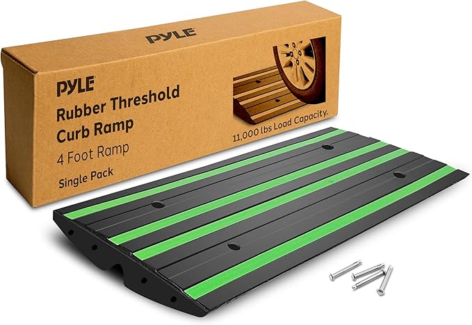 Pyle 4 ft. Rubber Threshold Curb Ramp, Heavy Duty, Non-Slip Car Ramp for Driveways, Garages, and Sidewalks, Green Reflective Strips, Waterproof, with Expansion Screws, 48.0’’x 16.0’’ x 2.6’’ Inch