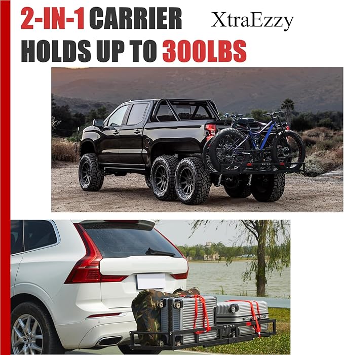 Hitch-Mount Bike Rack for Ebike Heavy-Duty - Comes with Cargo Carrier Fits 2 Electric Fat-Tire Mountain Bicycles Fits 2" Receiver for Car Trailer SUV Truck RV Minivan