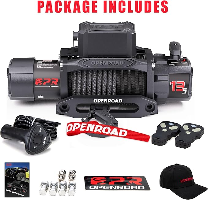 OPENROAD 13500 lb Recovery Winch with Synthetic Rope and 2 Wireless Remotes - IP68 Waterproof 12V Electric Winch for Jeep, SUV, Truck & Trailer - Panther Series 3S
