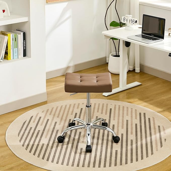 Ergonomic Desk Stool with Wheels (Adjustable Height 17"-21") (300lbs Capacity) Faux Leather Office Stool (Coffee Brown)