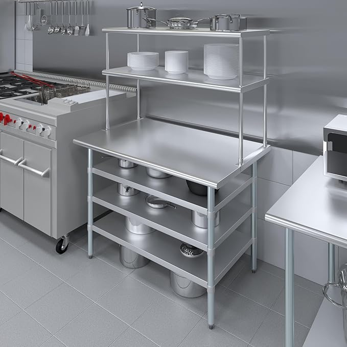 Amgood 30" x 48" Stainless Steel Work Table with 3 Shelves and 18" Wide Double Tier Overshelf | Metal Kitchen Prep Table & Shelving Combo | NSF