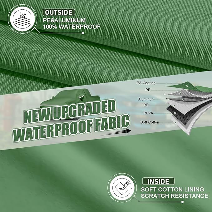 BOSSTONE Car Cover Custom Fit for Toyota Tundra Truck 1999-2021 Double Cab, Waterproof All Weather for Automobiles Full Exterior Cover Rain Sun Snow Protector with Door Zipper (Green)