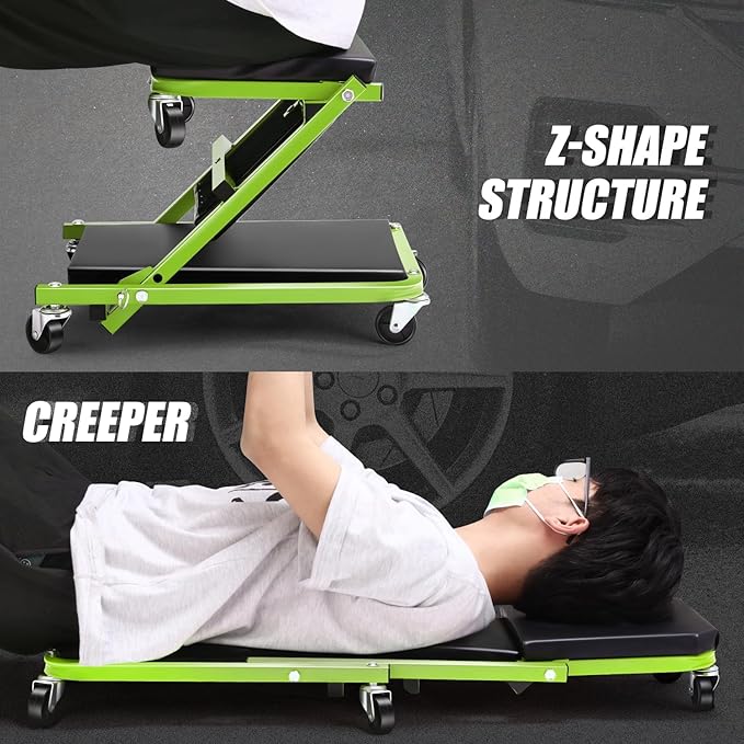 PM PERFORMOTOR 36 Inches Folding 2 in 1 Rolling Z Creeper, Adjustable Roller Garage Chair Lay Down or Sit, 6 Pcs 2" Casters, 150kg Weight Capacity, Green,PM-TOL-CPS36-GR